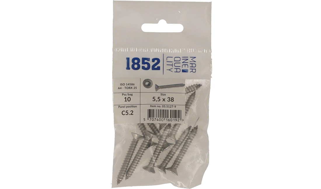Skrue undersænk 5,5x38 a4 torx 10 stk iso 9478-4