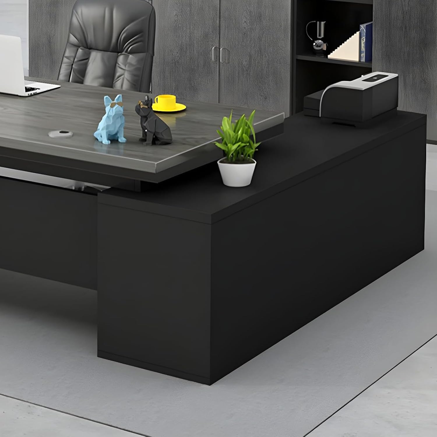 Büro-Computertisch, L-förmig, Executive, mit Holzsockel, Home-Office-Möbelset mit Schubladen und Ablageflächen, U-förmiger Schreibtisch (Grau, 180 cm L x 81 cm B x 76 cm H)