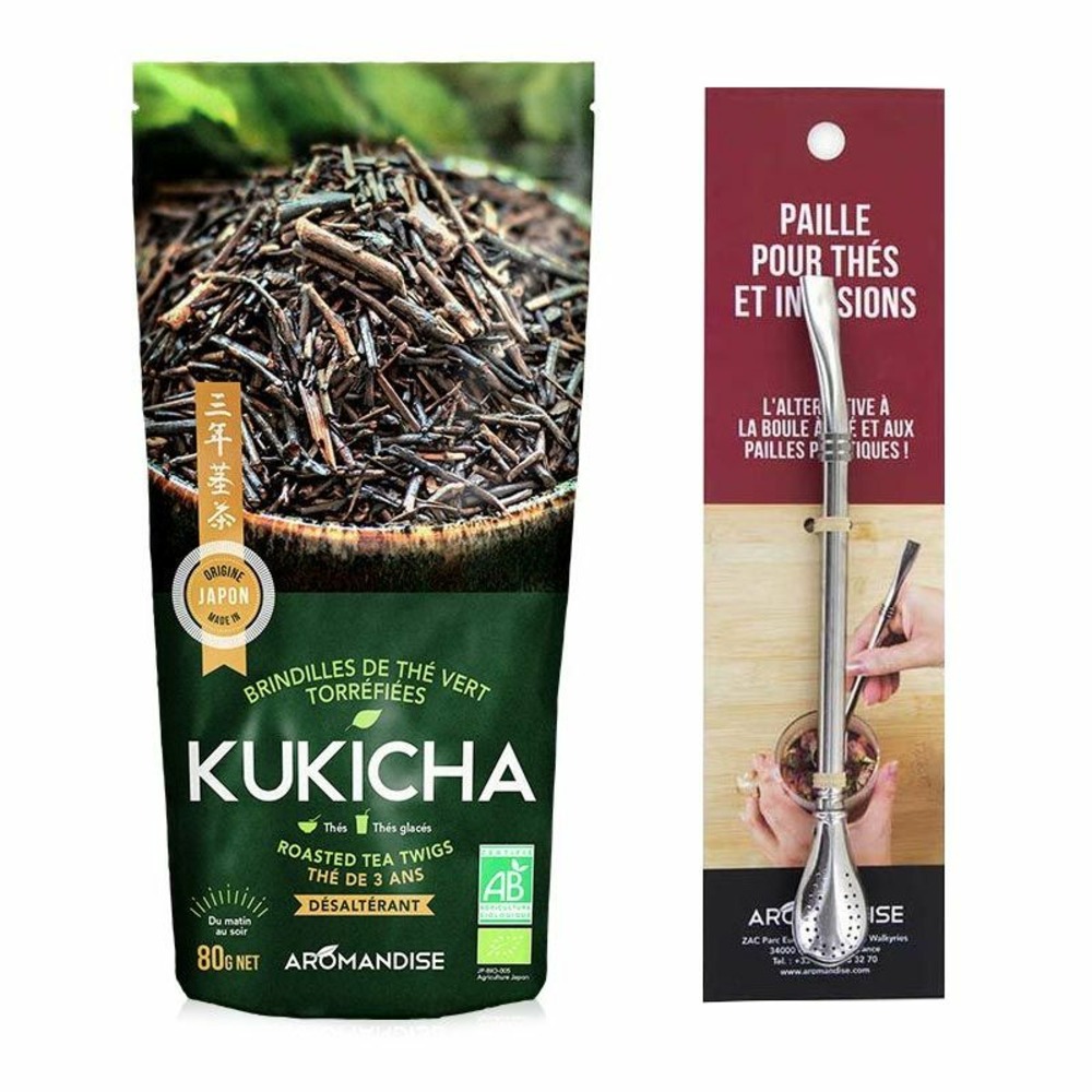 Sachet de thé bio japonais kukicha 80 g + paille inox avec filtre