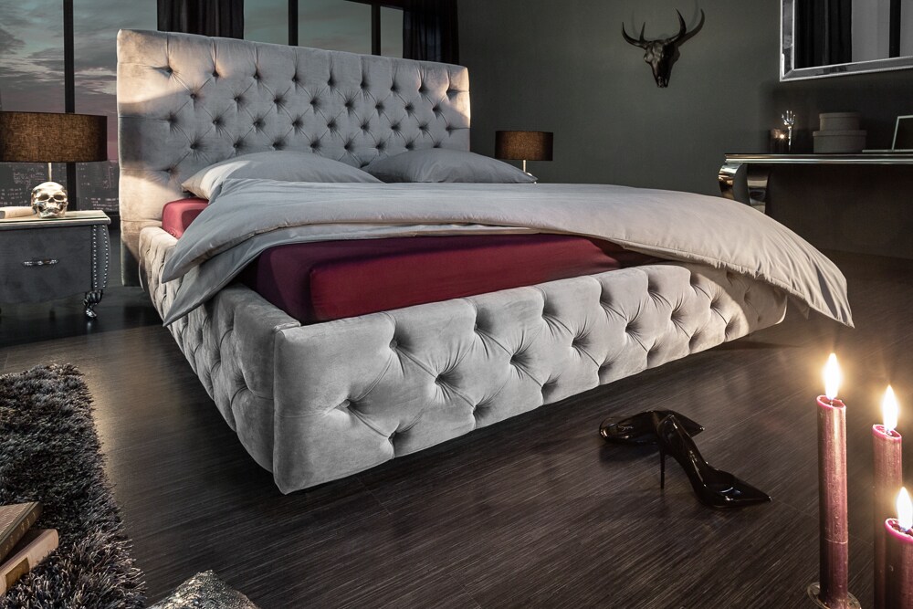 riess-ambiente Doppelbett PARIS - 180x200cm grau Samt Chesterfield