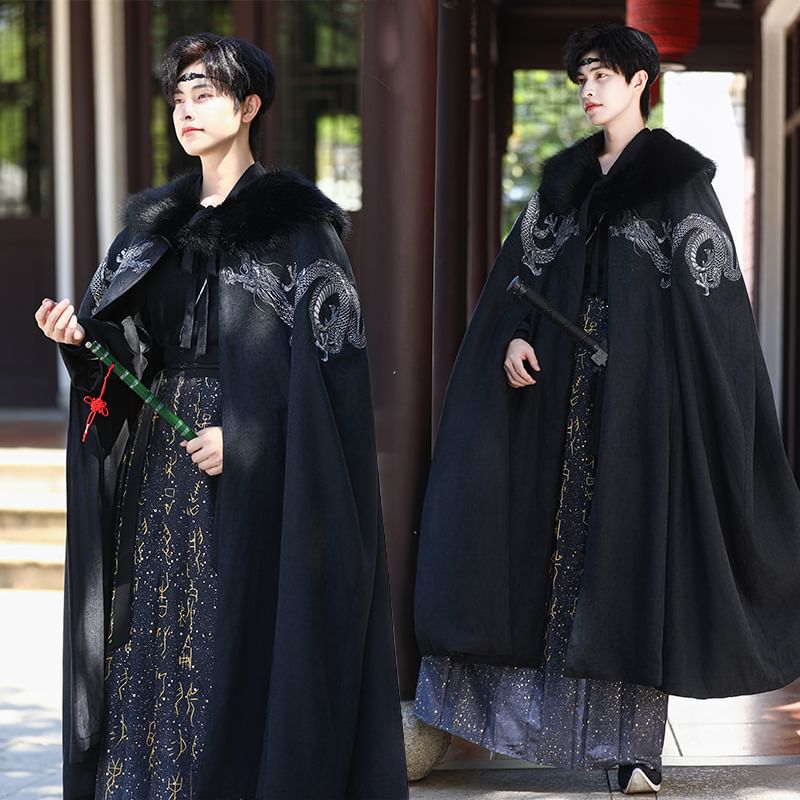Meisjesbenodigdheden - Oracle Print Hanfu-kostuum / Cape met nepbontkraag en drakenpatroon en stropdas aan de voorkant / Set
