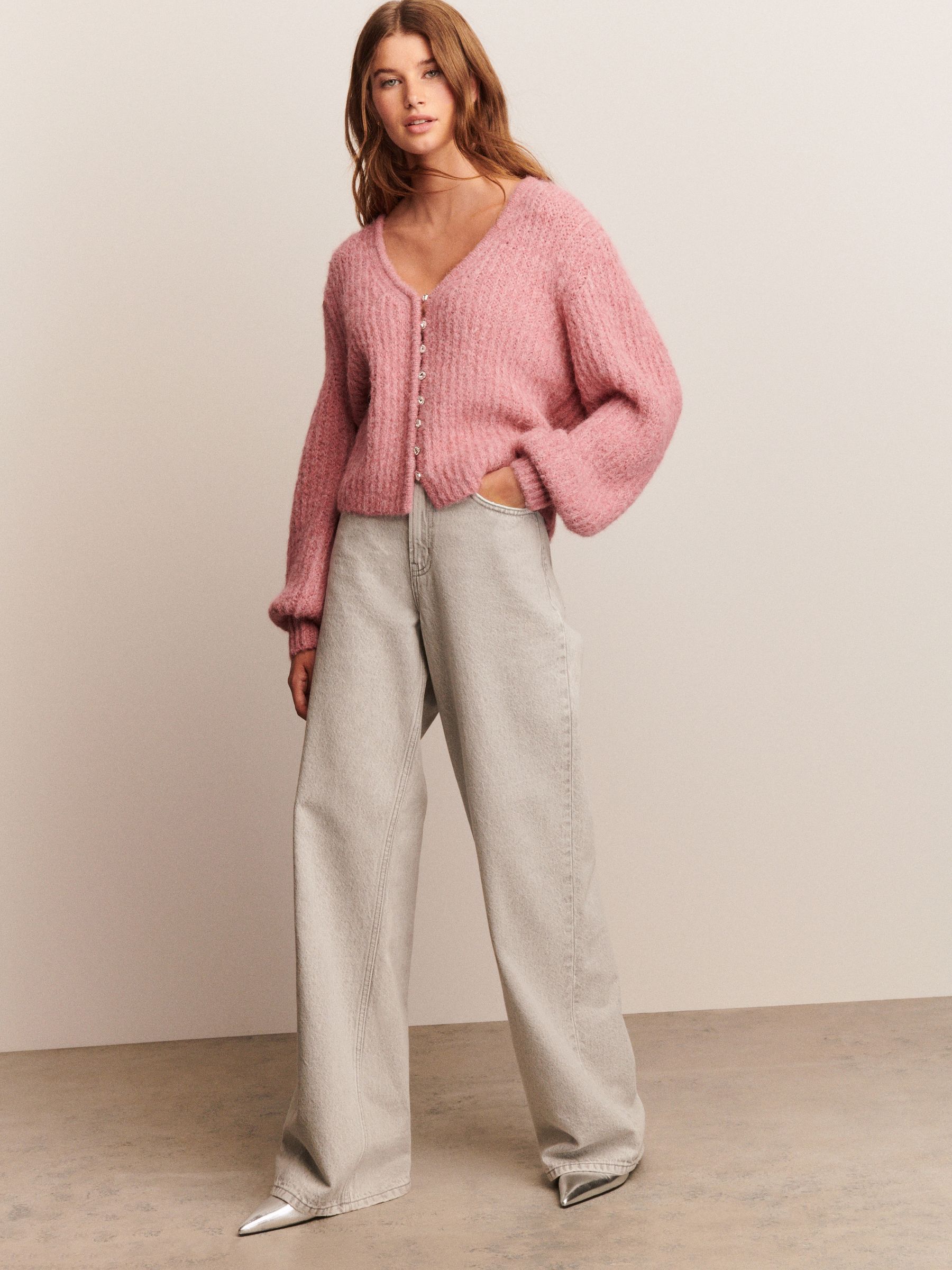 Lichtroze - Gem Button Relaxed Cardigan With Wool