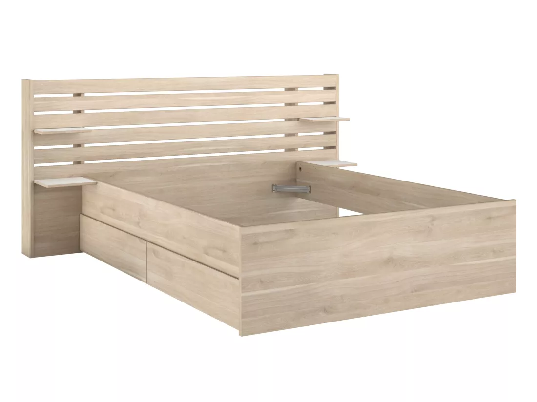 Lit 140 x 190/200 cm avec rangements - Coloris : Naturel + Sommier + Matelas - TENALIA II