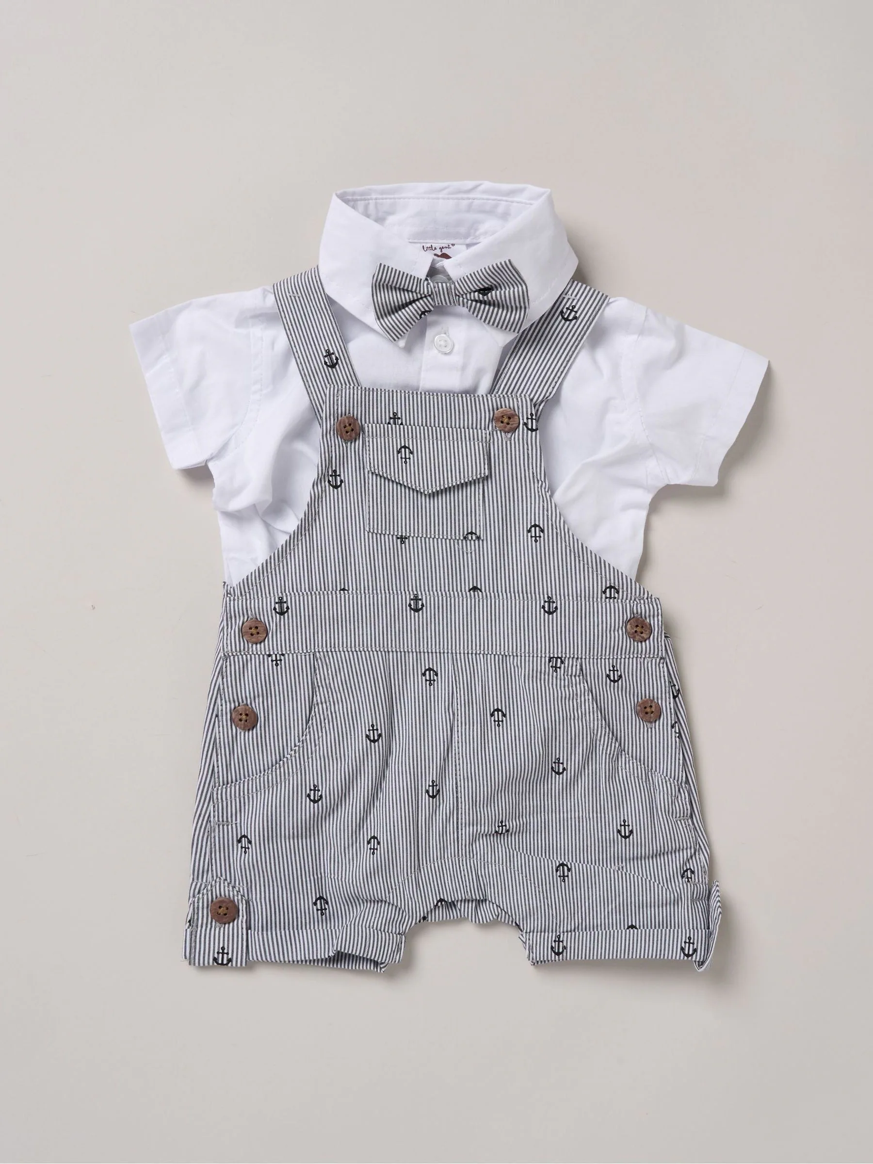 Donkerblauw - Little Gent 100% Cotton Bodysuit Shirt Dungarees and Bowtie Outfit Set