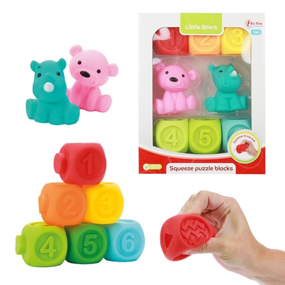 Baby Quietsch-Stapelblöcke 6 Stück und 2 Gummitiere