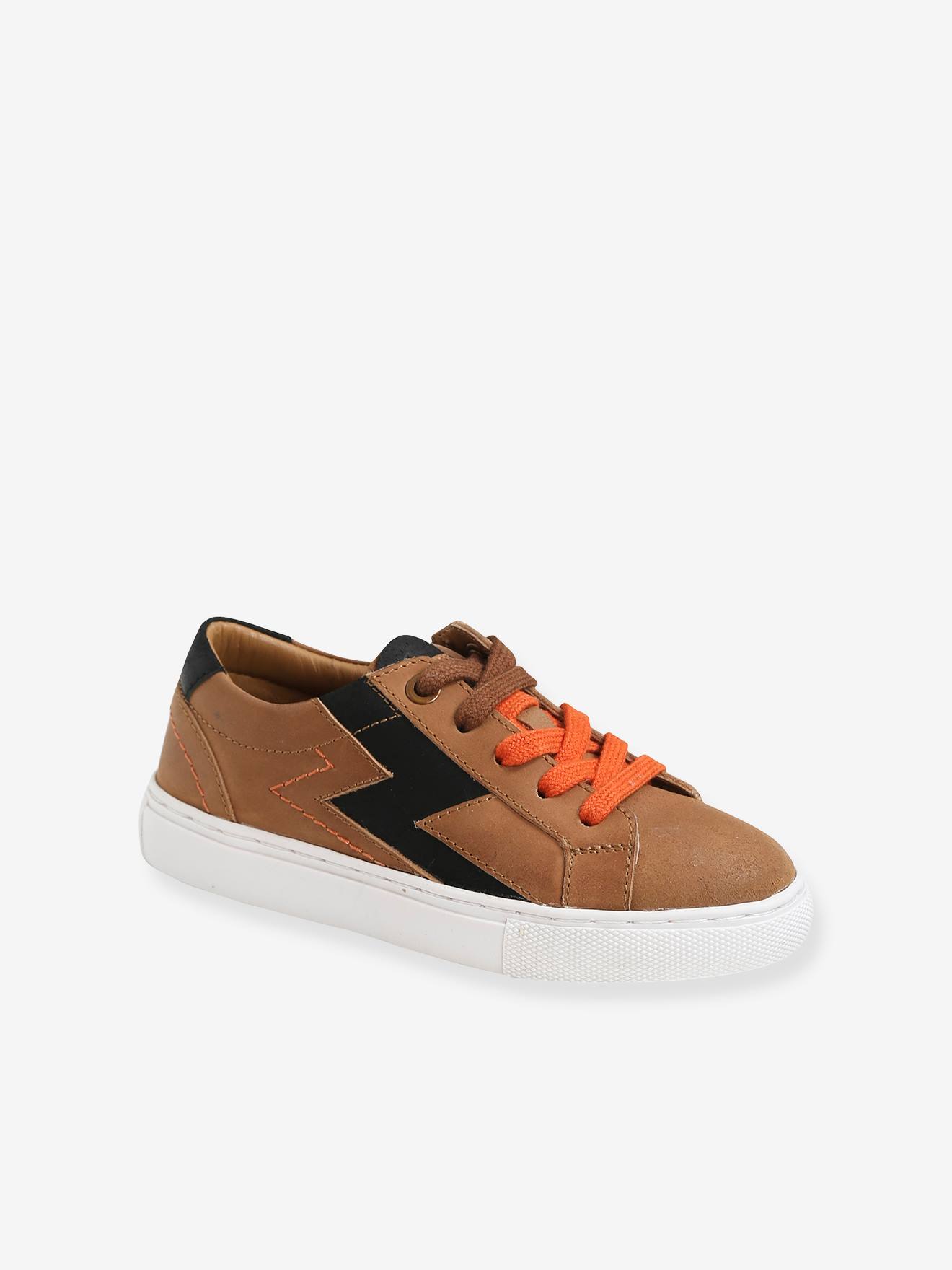 Tênis de couro com cadarço e zíper, para meninos, marrom médio liso com estampas.