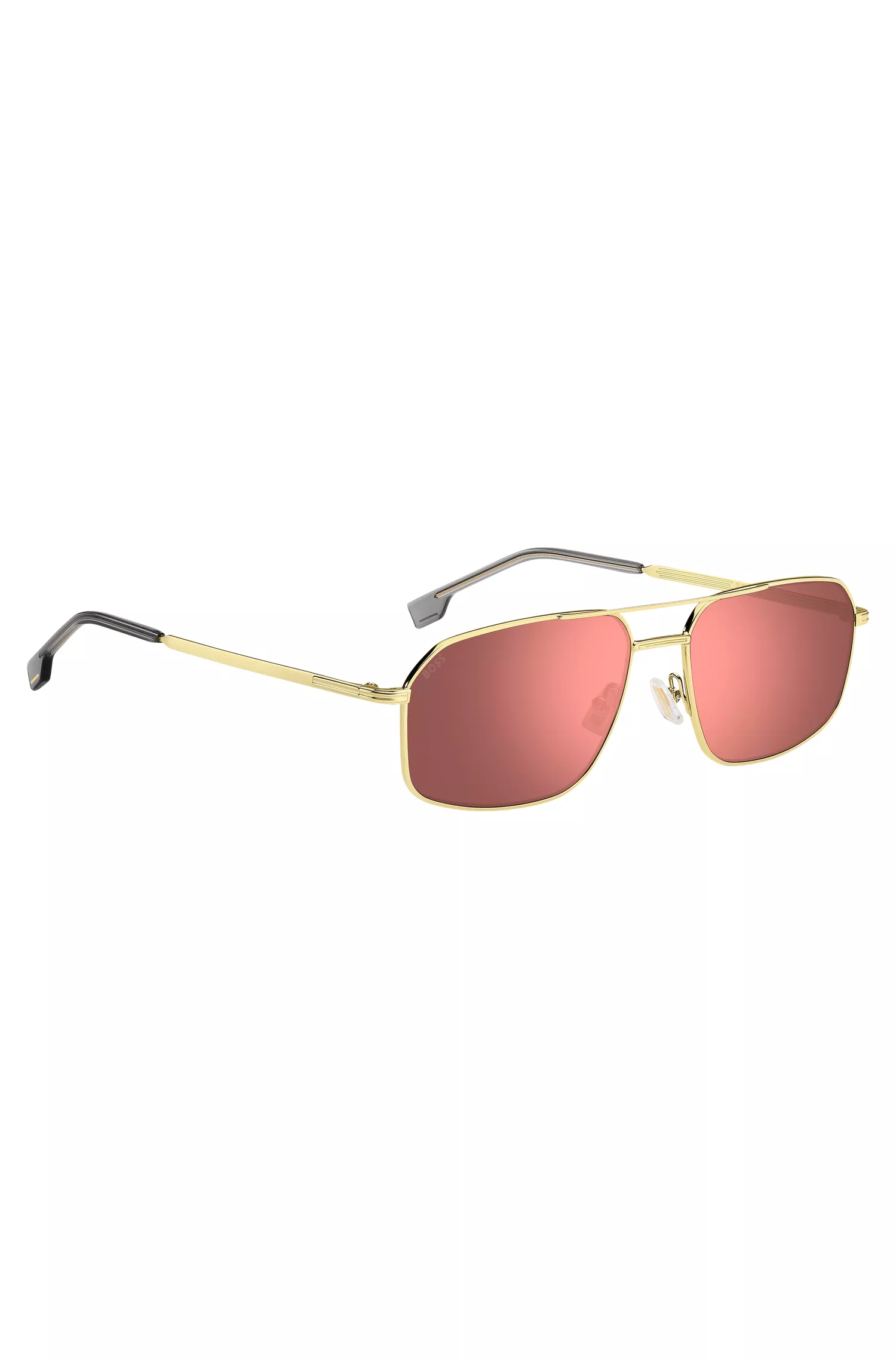 Óculos de sol BOSS em tons de preto e dourado com lentes rosa.