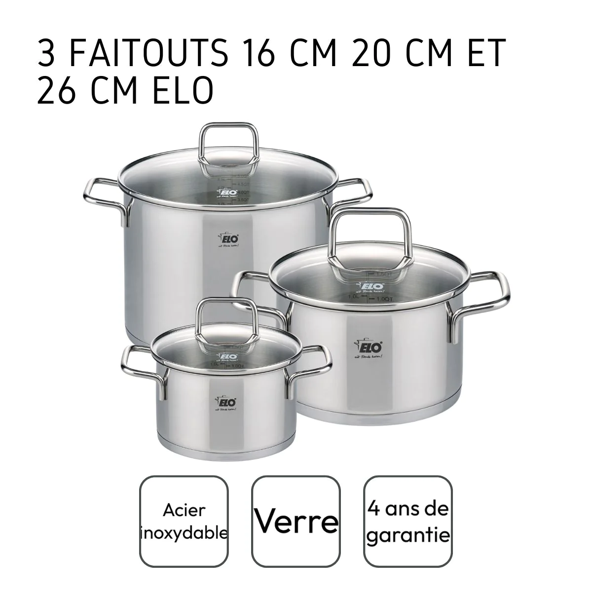 Set de 3 faitouts en inox 16 cm 20 cm et 26 cm Citrin Elo