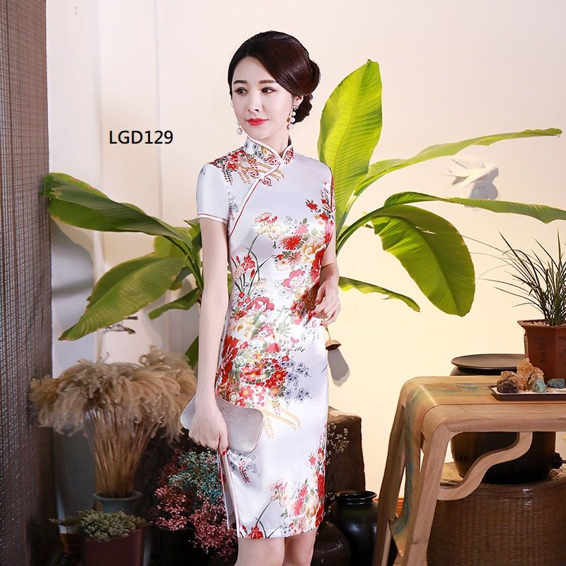 Gouden bloemen - Traditionele Chinese bloemenjurk met korte mouwen