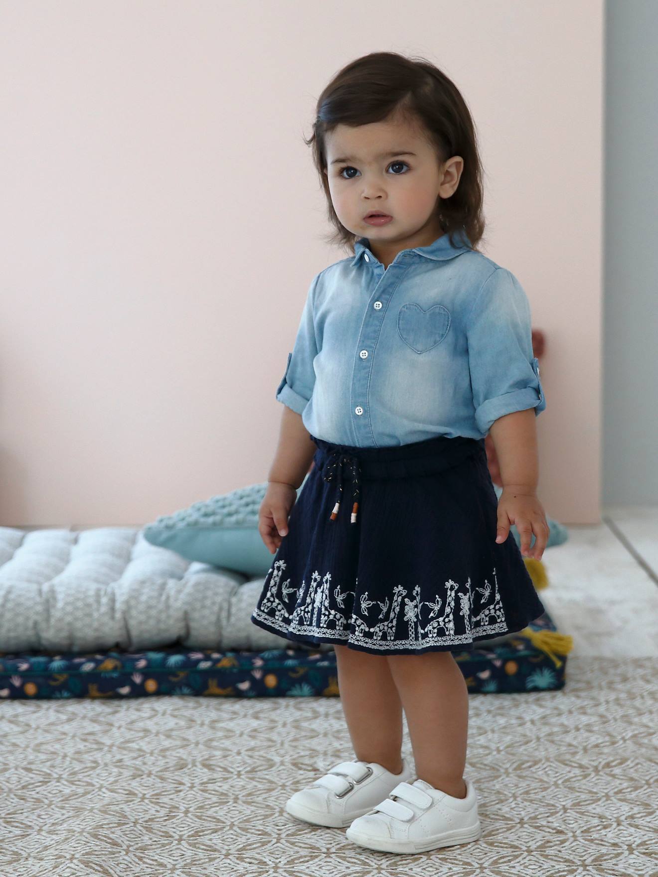 Camisa jeans lavada, personalizável, para bebê menina, lavagem azul clara