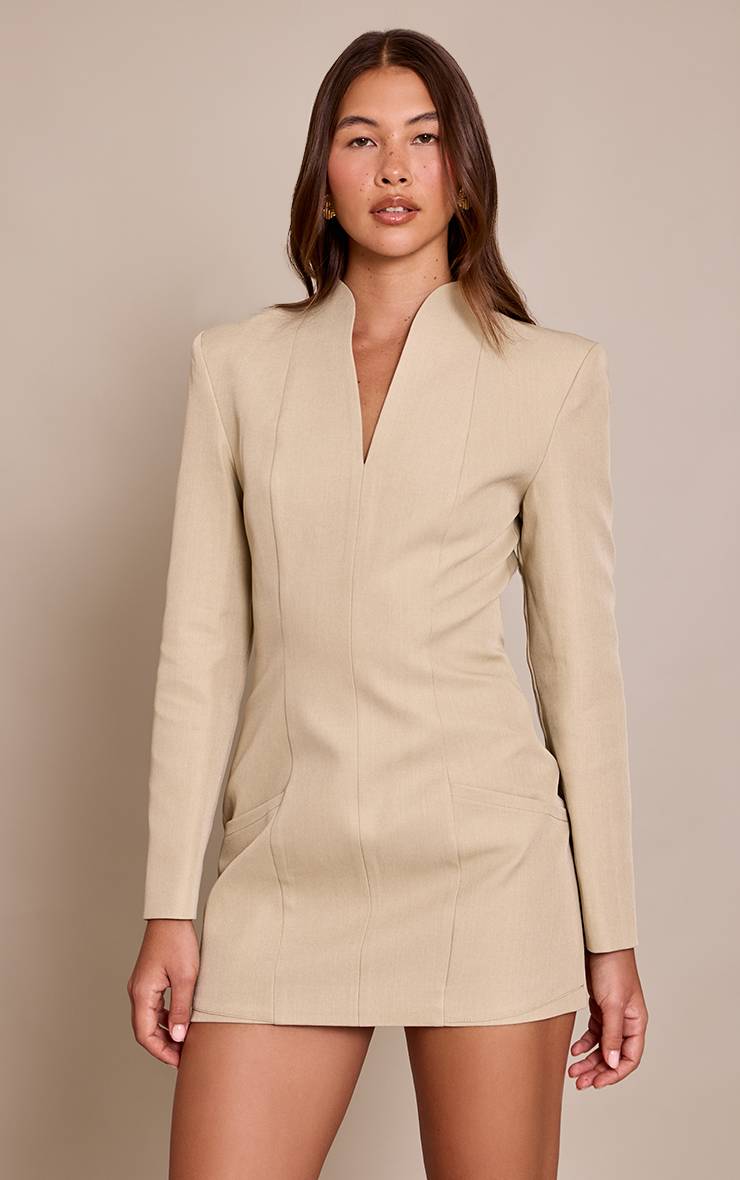 Crème Robe Blazer Tissée Sans Col À Manches Longues
