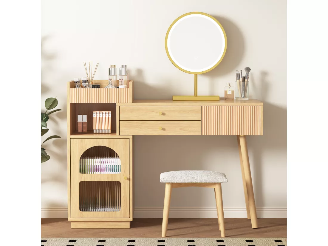 Coiffeuse avec miroir à LEDs avec 3 tiroirs et armoire latérale - Panneaux de particules - Naturel