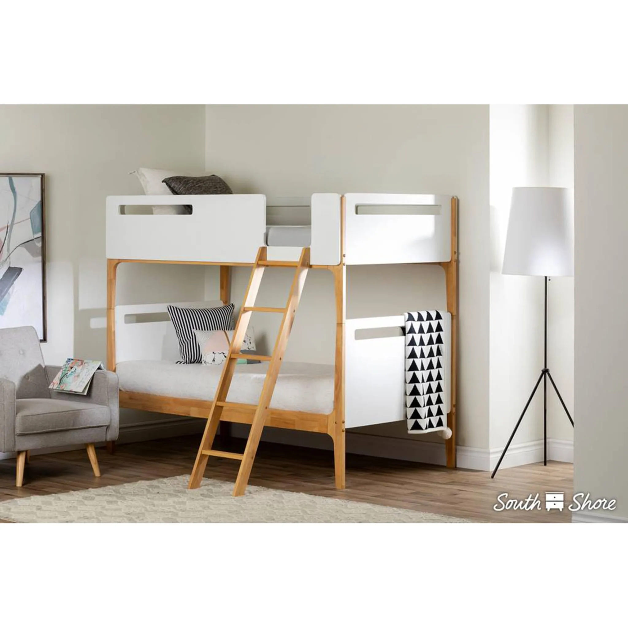 South Shore Lits Superposés Modernes Bebble - Blanc Solide et Bois Clair Exotique