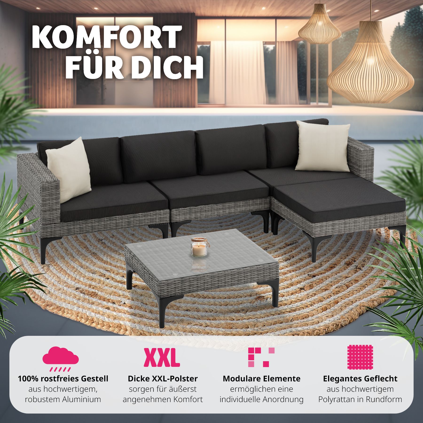 tectake® Rattan Lounge, mit Aluminiumgestell, wetterfest und UV-beständig, mit Sicherheitsglasplatte
