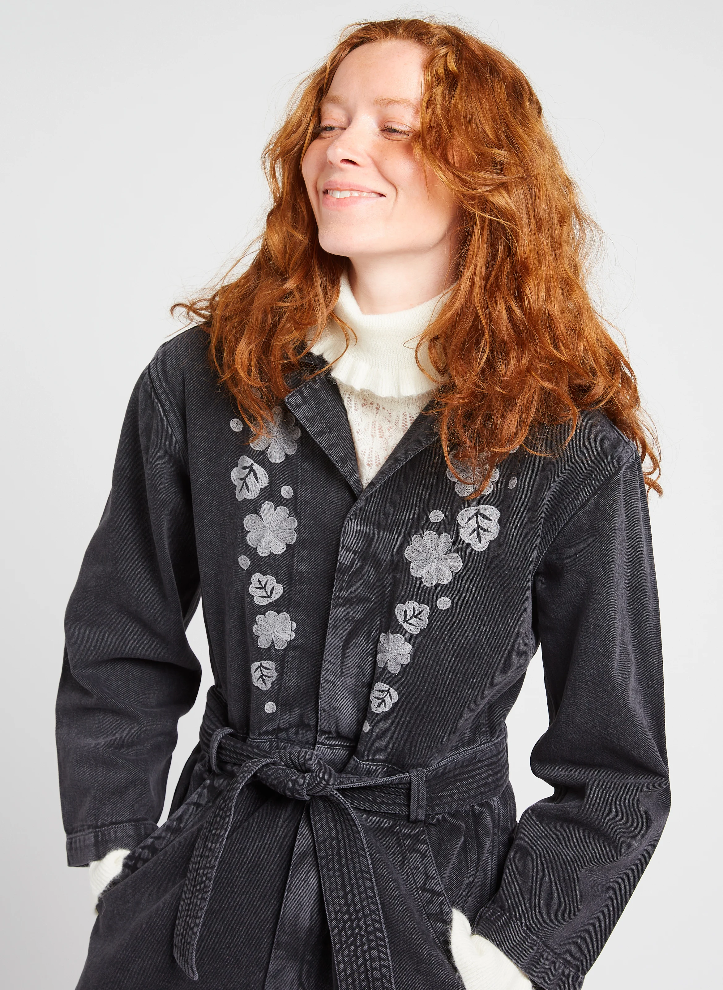 SYLVYNE - Combinaison col classique en jean | Gris