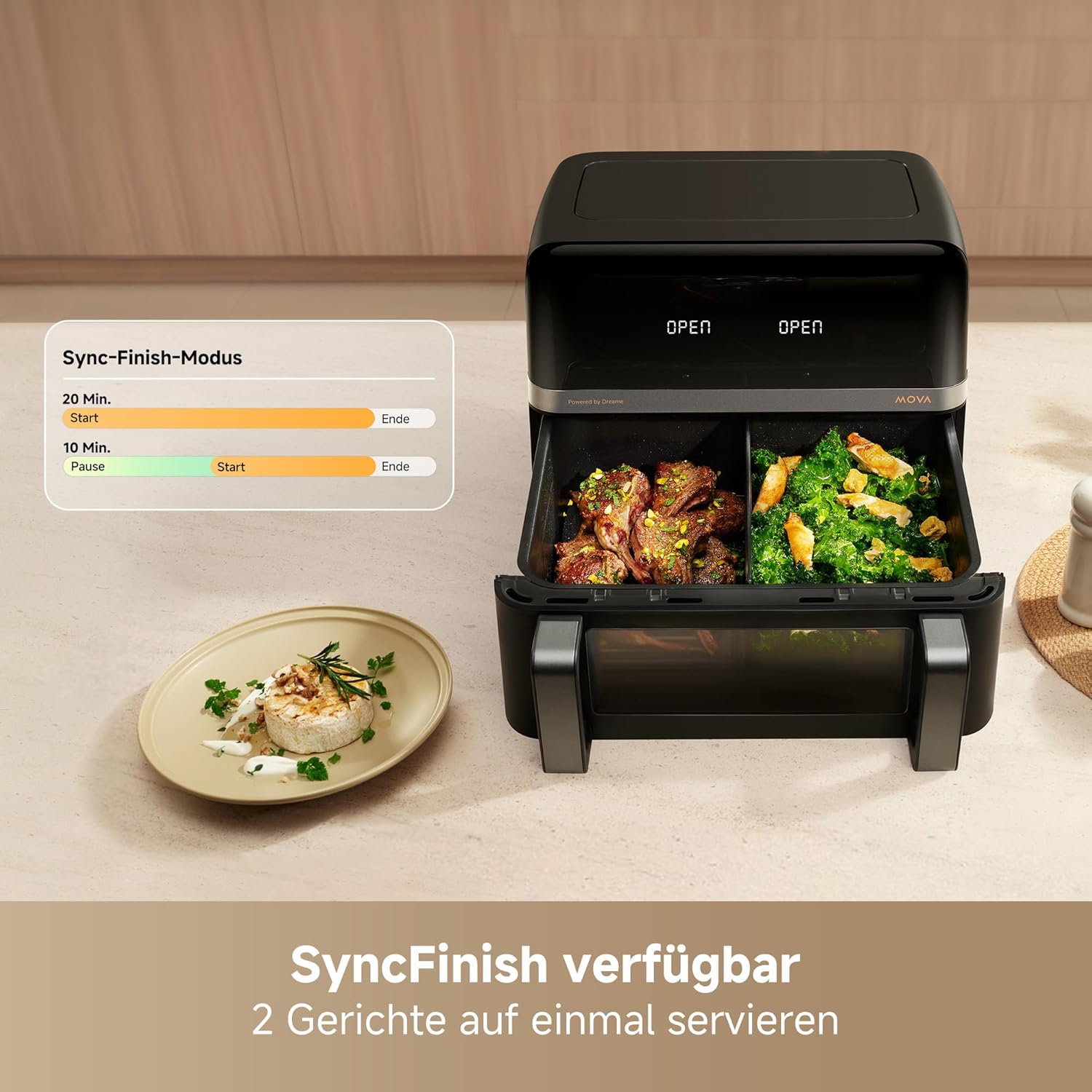Mova AeroChef FD20 Pro Heißluftfritteuse, 9 Liter Zwei-Zonen-Garen, SyncFinish, 2.700 W für schnelles Knusprigwerden, 40 °C–230 °C Heizbereich, thermische Luftzirkulation