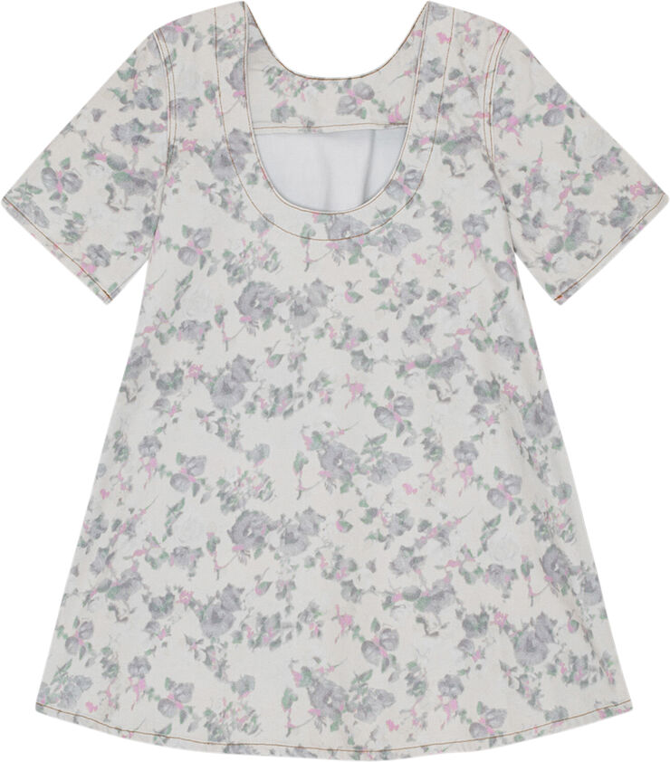 Ganni Print Denim Open Back Mini Dress Tofu