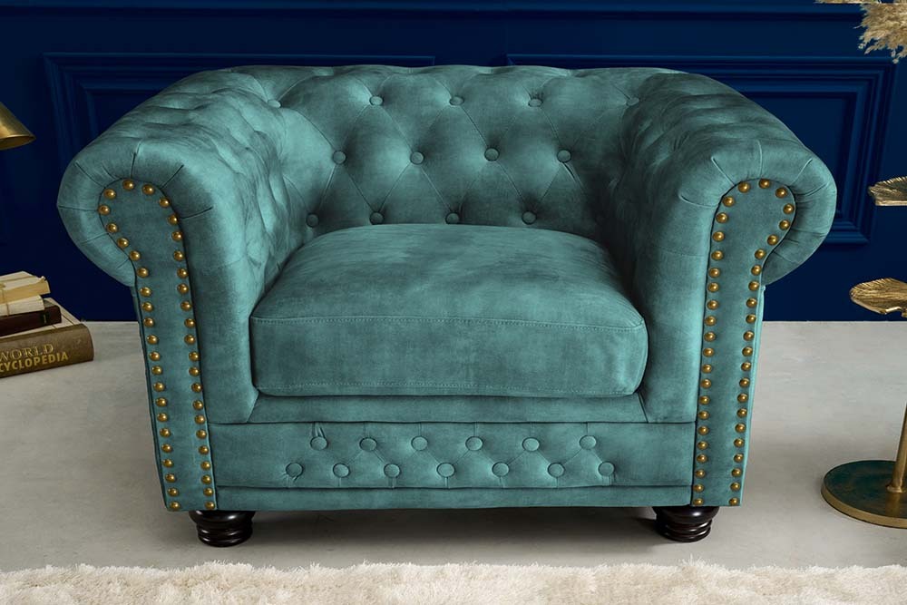 Barocker Sessel CHESTERFIELD petrol Samt Federkern goldene Nieten mit Knopfheftung