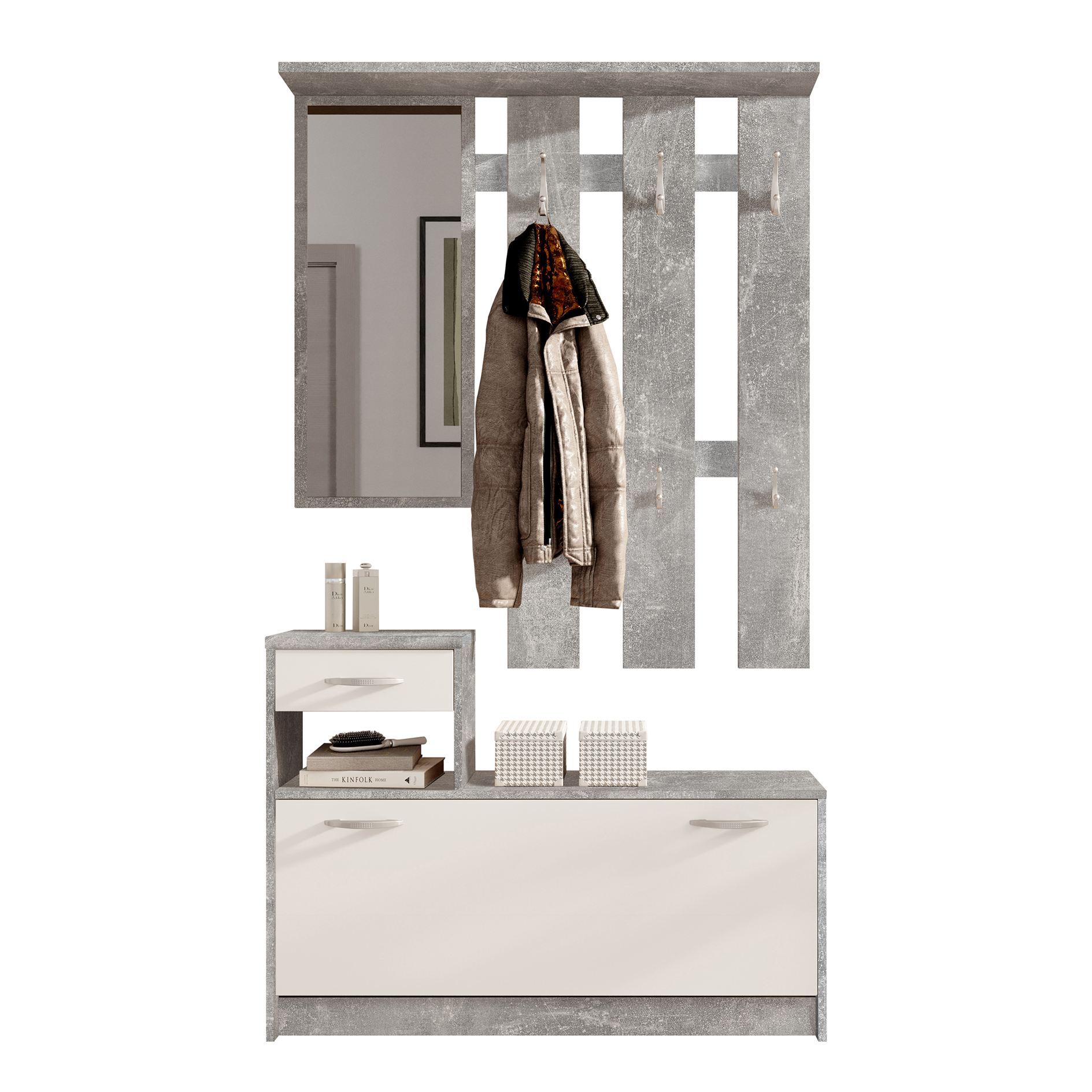 Garderobe - Betonoptik-weiß - mit Schubkasten