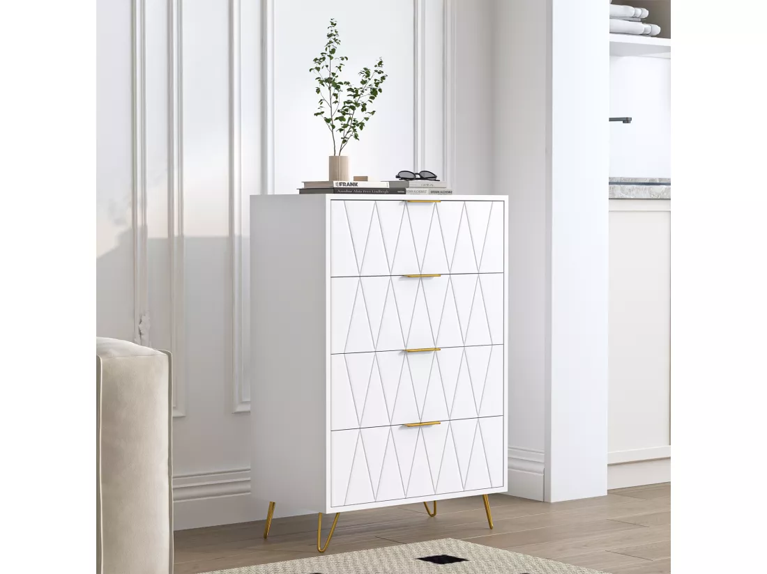 Buffet bas avec 6 Tiroirs - Commode - Bois MDF et métal doré - 60 x 34 x 90 cm - Blanc