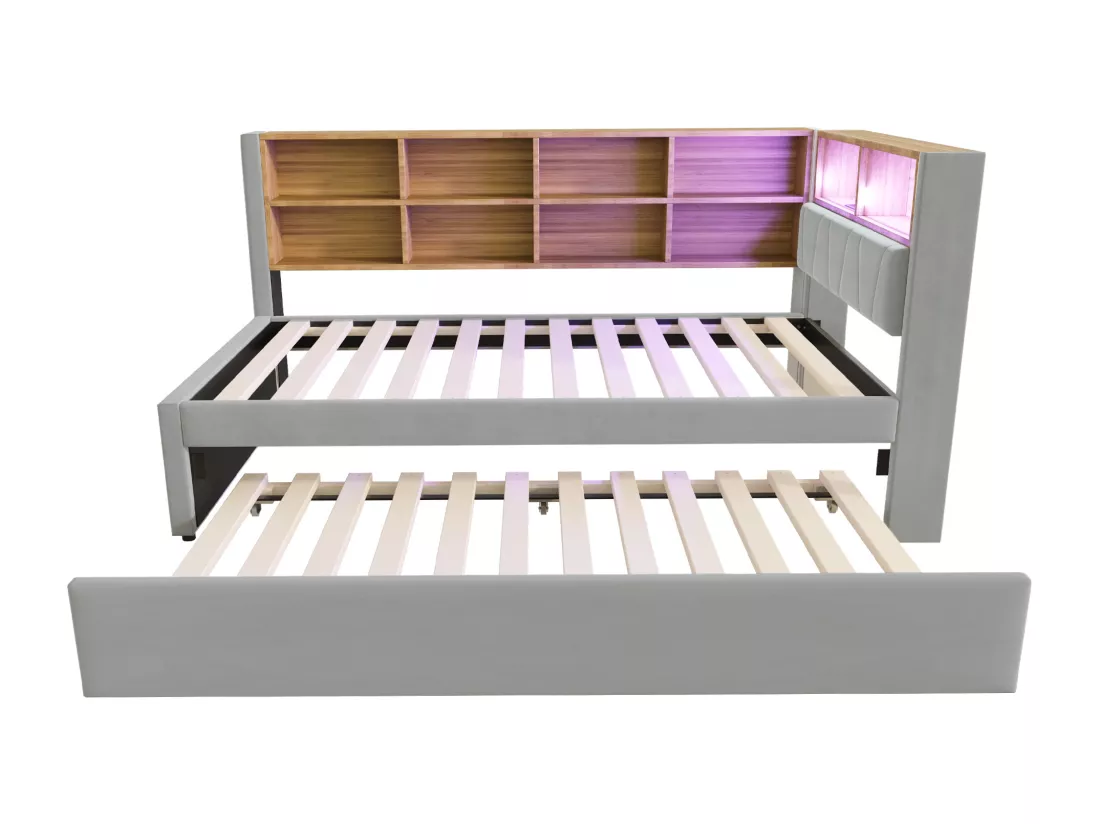 Canapé convertible 90x200 - avec lit gigogne 90x190 cm - avec prise USB - multiples rangements - lit tapissé - Gris clair (matelas non inclus)