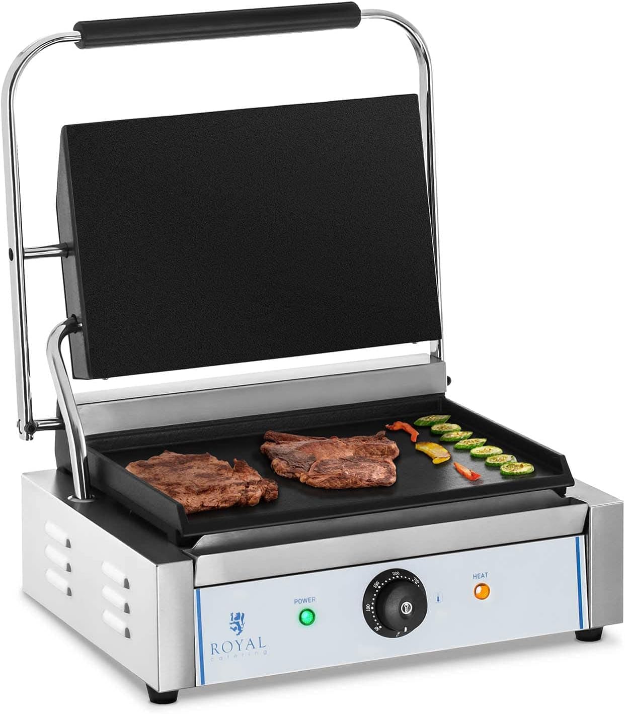 Royal Catering Gastro-Kontaktgrill 2200 W 300 °C 34,8 x 23 cm emailliertes Gusseisen + Edelstahl Elektrogrill kommerzieller Panini-Grill Sandwich-Pressgrill Multigrill