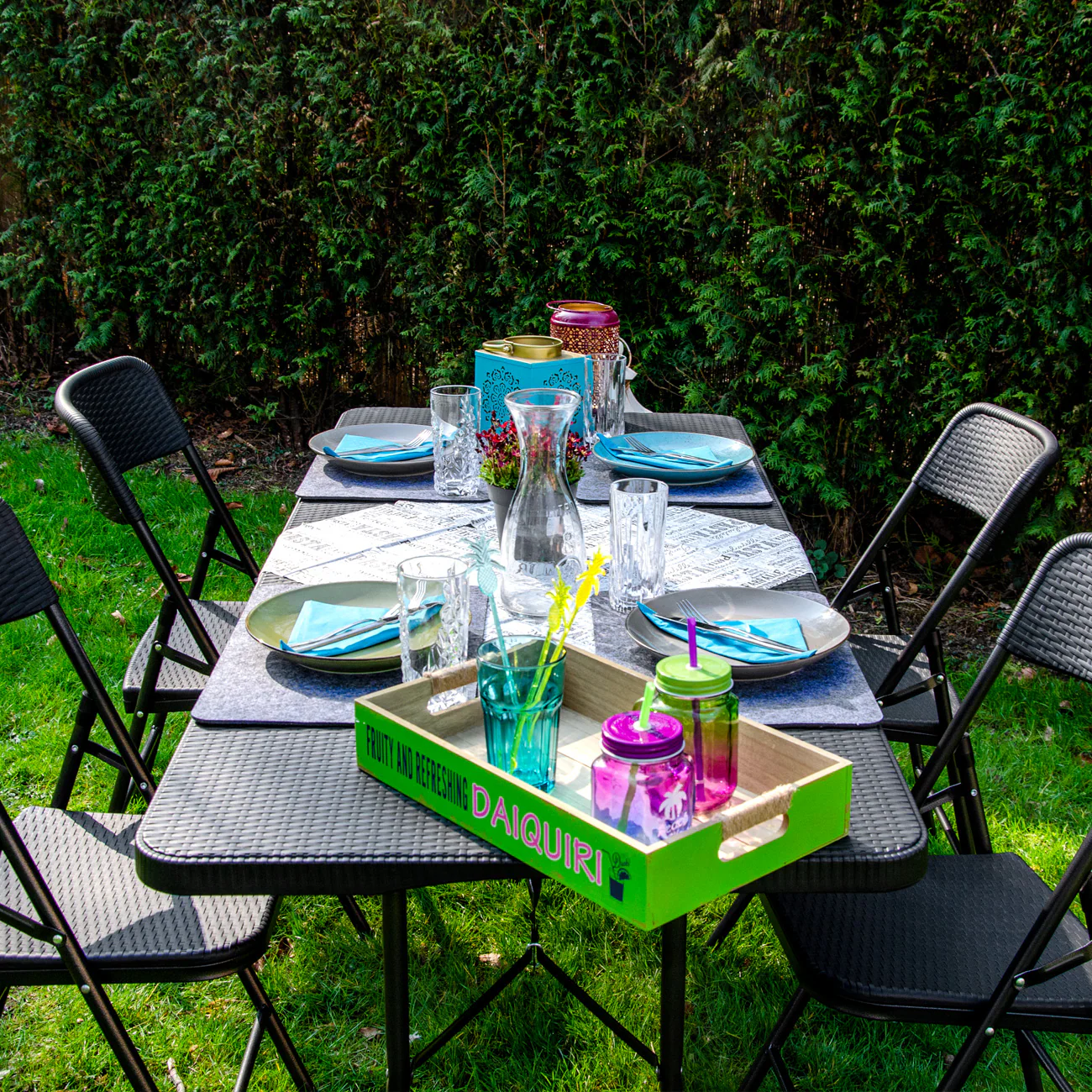 Gartenmöbel Set in Rattan Optik - 180 cm Tisch mit 4 Stühlen Sitzgruppe Klappbar
