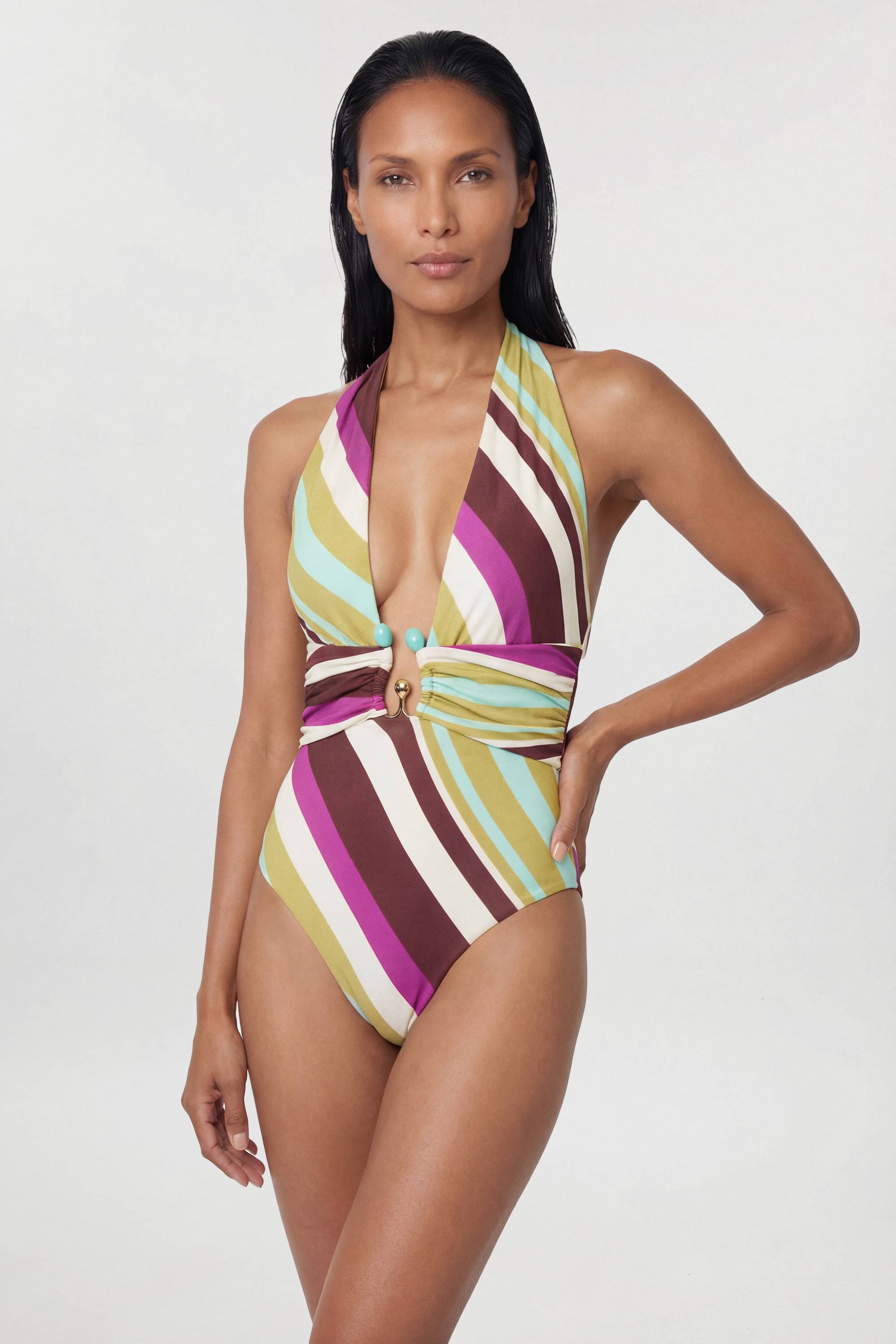 KarenMillen Maillot De Bain Plongeant À Rayures Diagonales Avec Détail En Strass