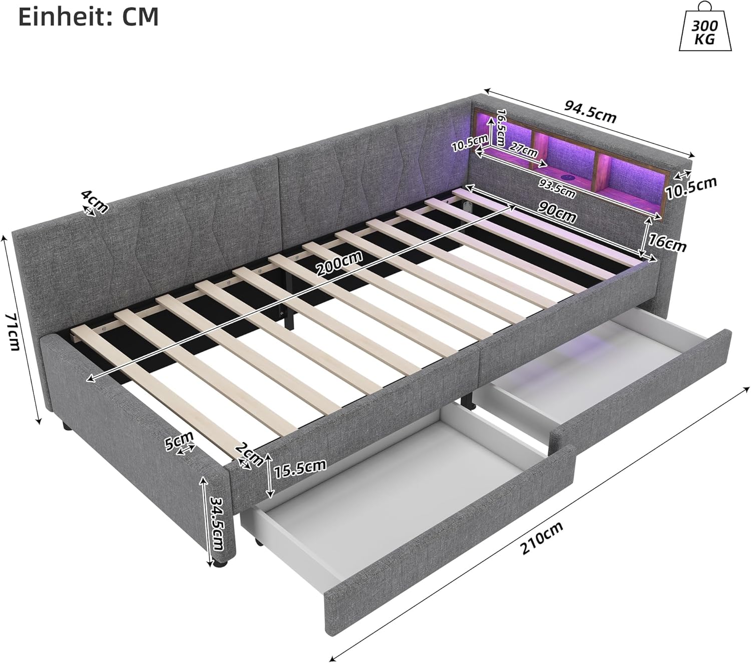 okwish Polsterbett Schlafsofa 90x200 cm Einzelbett, Daybett Funktionsbett mit LED & USB+TypC, Tagesbett Stauraumbett mit Schubladen, Gepolstertes Bettgestell mit Lattenrost, Leinen Grau, ohne Matratze