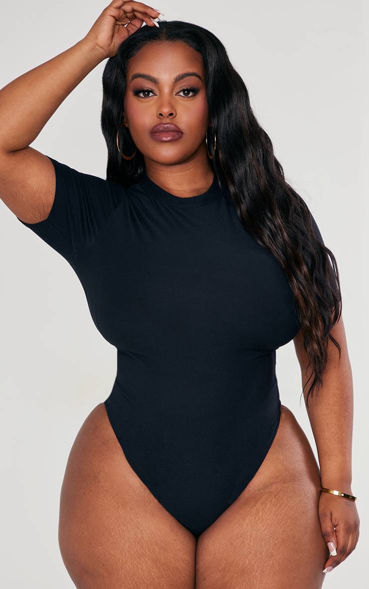 Noir Body Grande Taille Col Montant Manches Courtes Matière Douce
