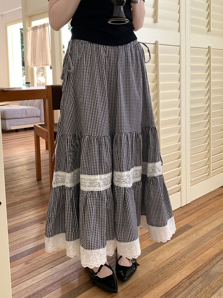 Beem - Hoge taille geruite maxi A-lijn rok