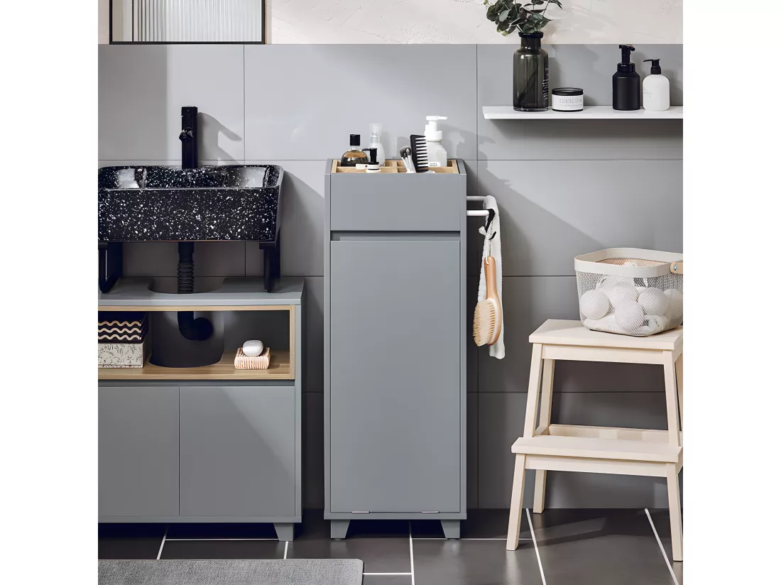 SoBuy Armoire à Linge Meuble Bas de Salle de Bain Corbeille à Linge Meuble de Rangement avec 4 Petits Compartiments Ouverts et 1 Panier à Linge Amovible, Gris, 35x30x90 cm, BZR159-DG
