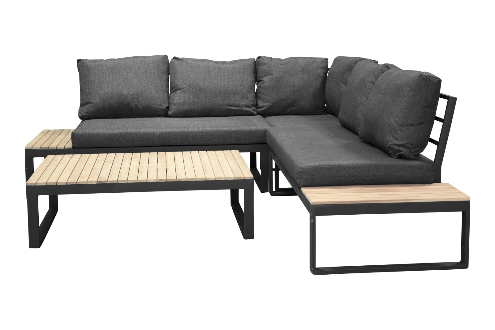 Panama utesofa Hagesofa sortlakkert aluminium med grå puter, sofabord og sidebord med acacia plate.