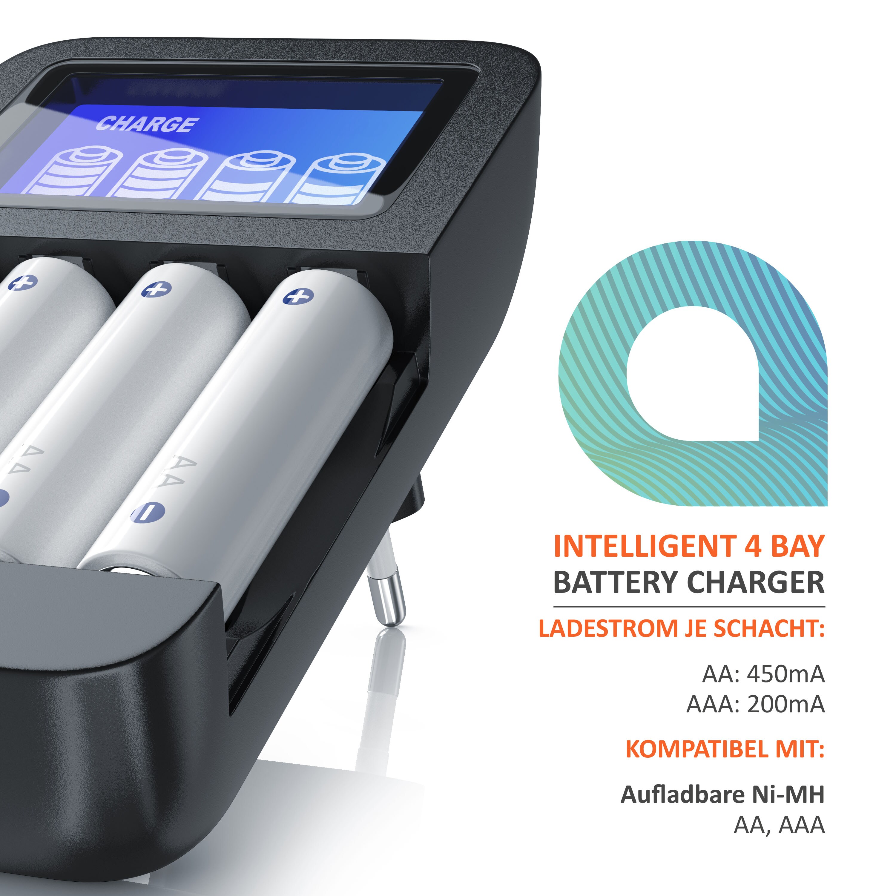 Aplic Batterie-Ladegerät 2700 mA, Universal 4-Schacht Batterielader geeignet für Typ AA / AAA NiMH Akkus