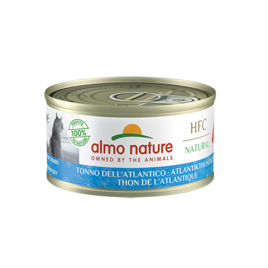 Atum Atlântico Almo Nature HFC em lata, 70g, para gatos.
