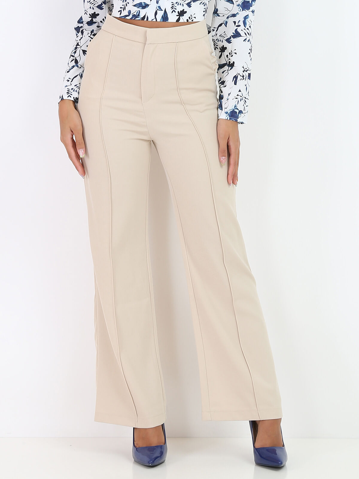 Pantalon palazzo à taille haute- Beige
