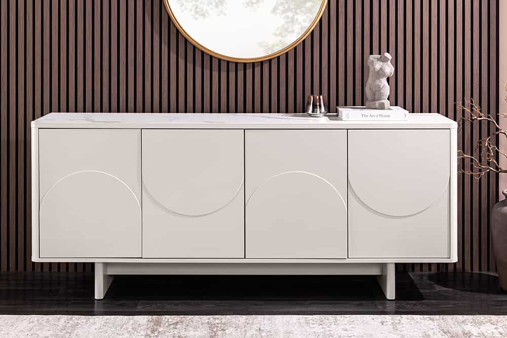 Design Sideboard SAVOY 180cm kaschmir weiß Marmor Keramik mit Stauraum und 3D-Front