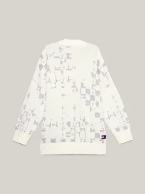 Suéter oversized com decote em V e logo em entalhe