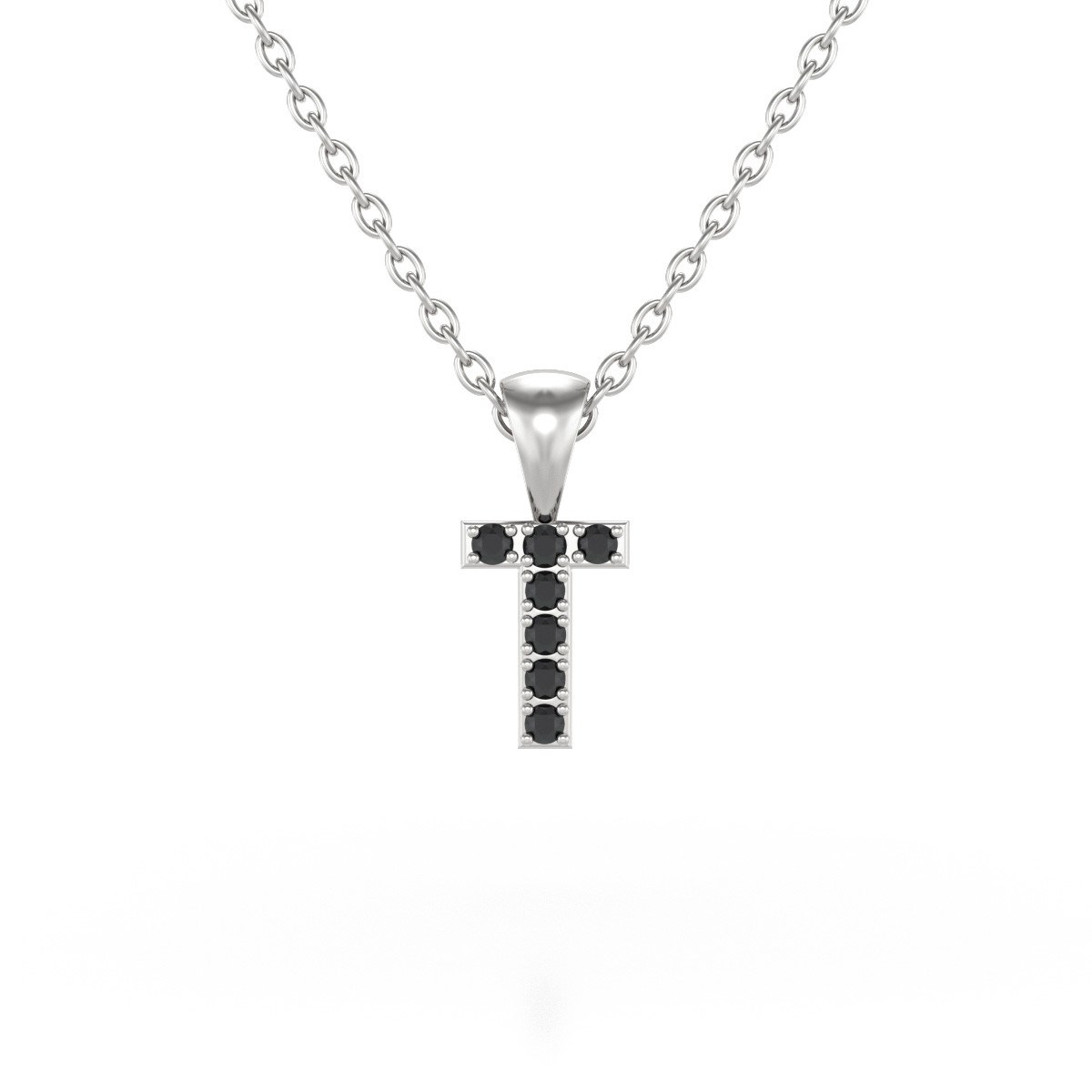 Collier Pendentif ADEN Lettre T Or 750 Blanc Diamant Noir Chaine Or 750 incluse 0.72grs