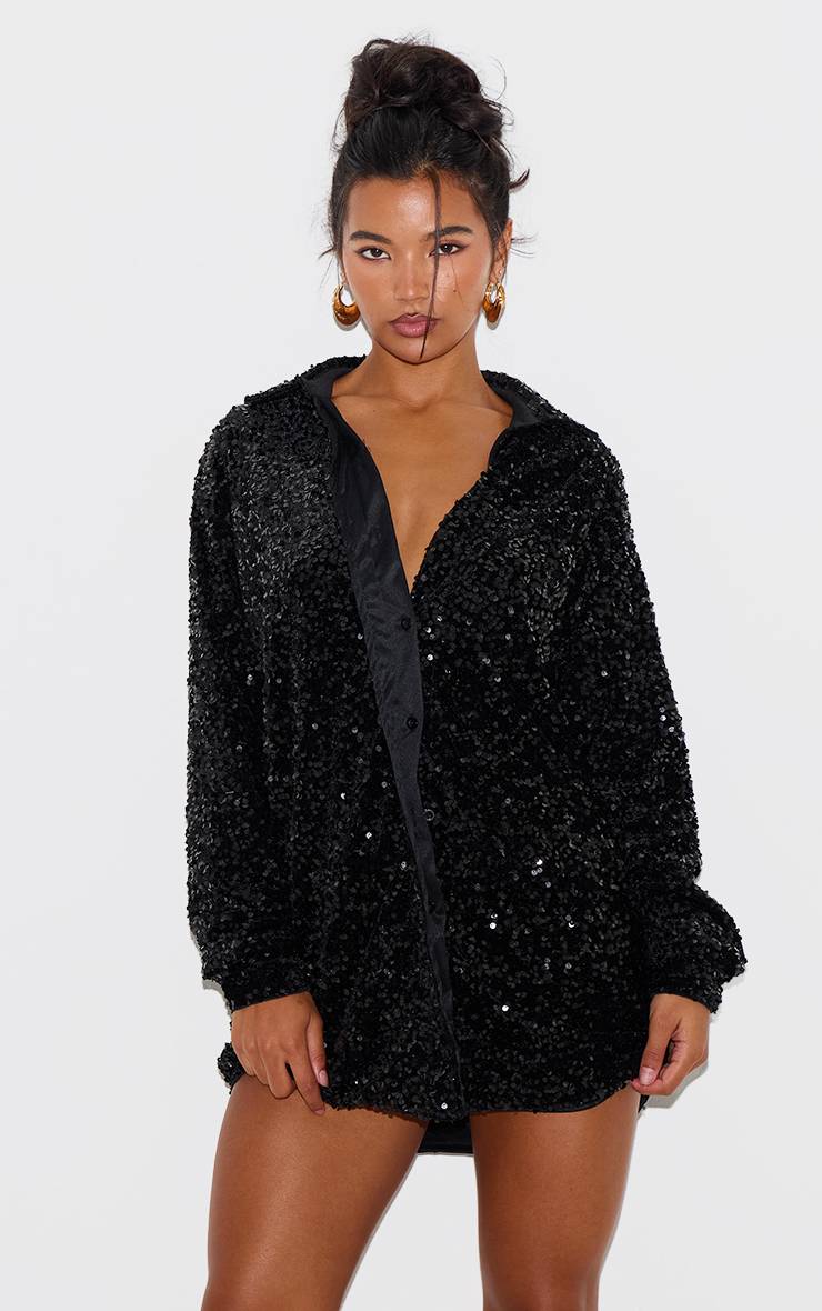 Noir Robe Chemise Oversize En Velours À Sequins