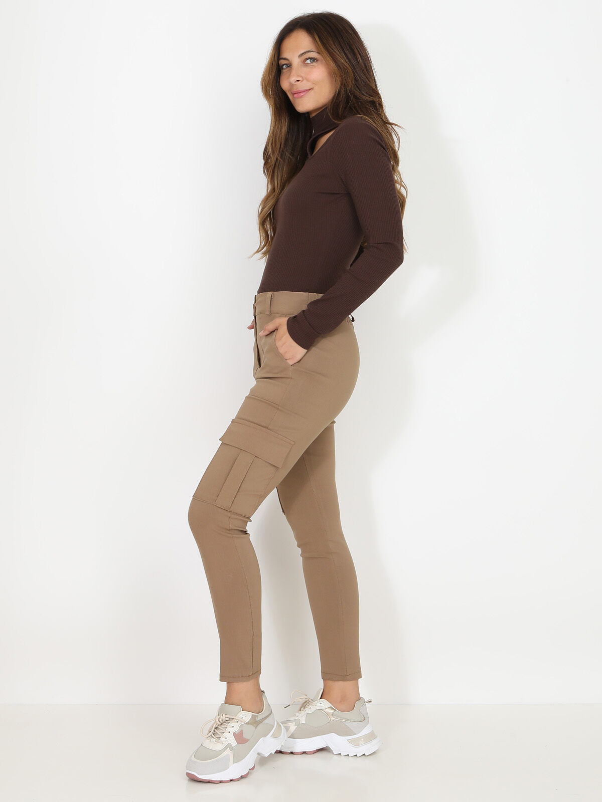 Top côtelé moulant asymétrique- Marron