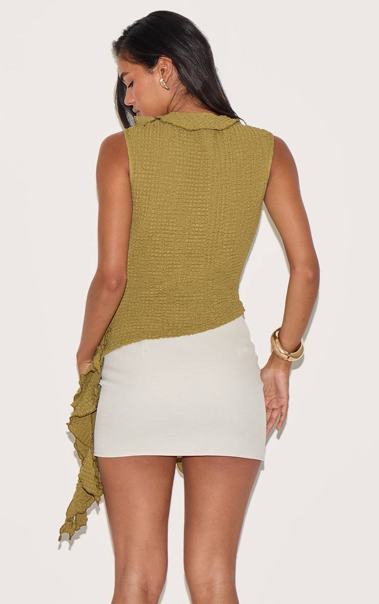 Vert Olive Haut Long Asymétrique À Volants Texturés