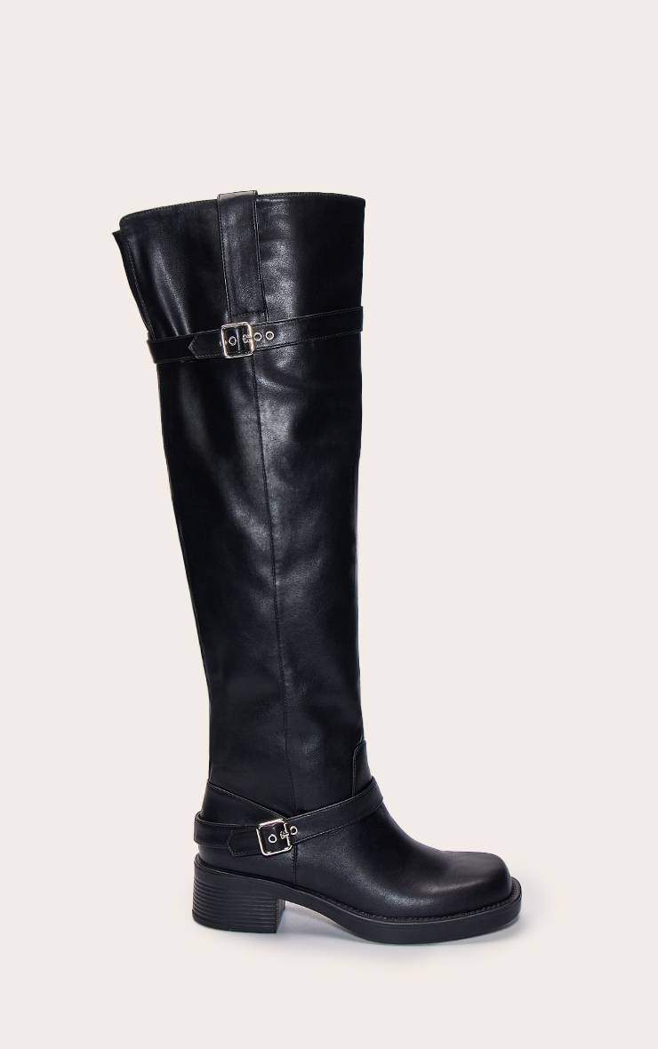Noir Bottes Cuissardes En Synthétique Avec Détails Boucles