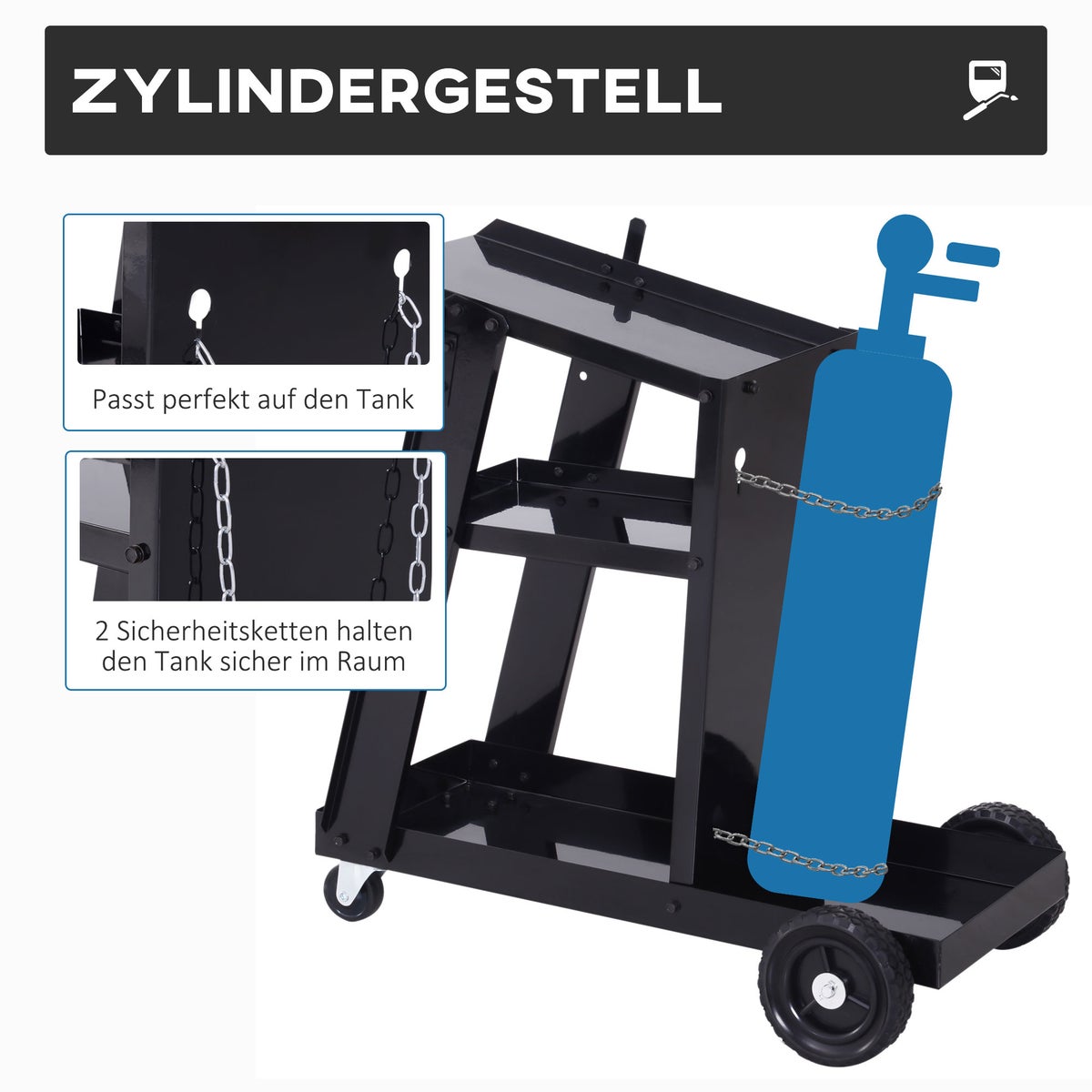 DURHAND, laswagen, lasapparatuurwagen met 3 planken, 71L x 39B x 70Hcm, staal, zwart