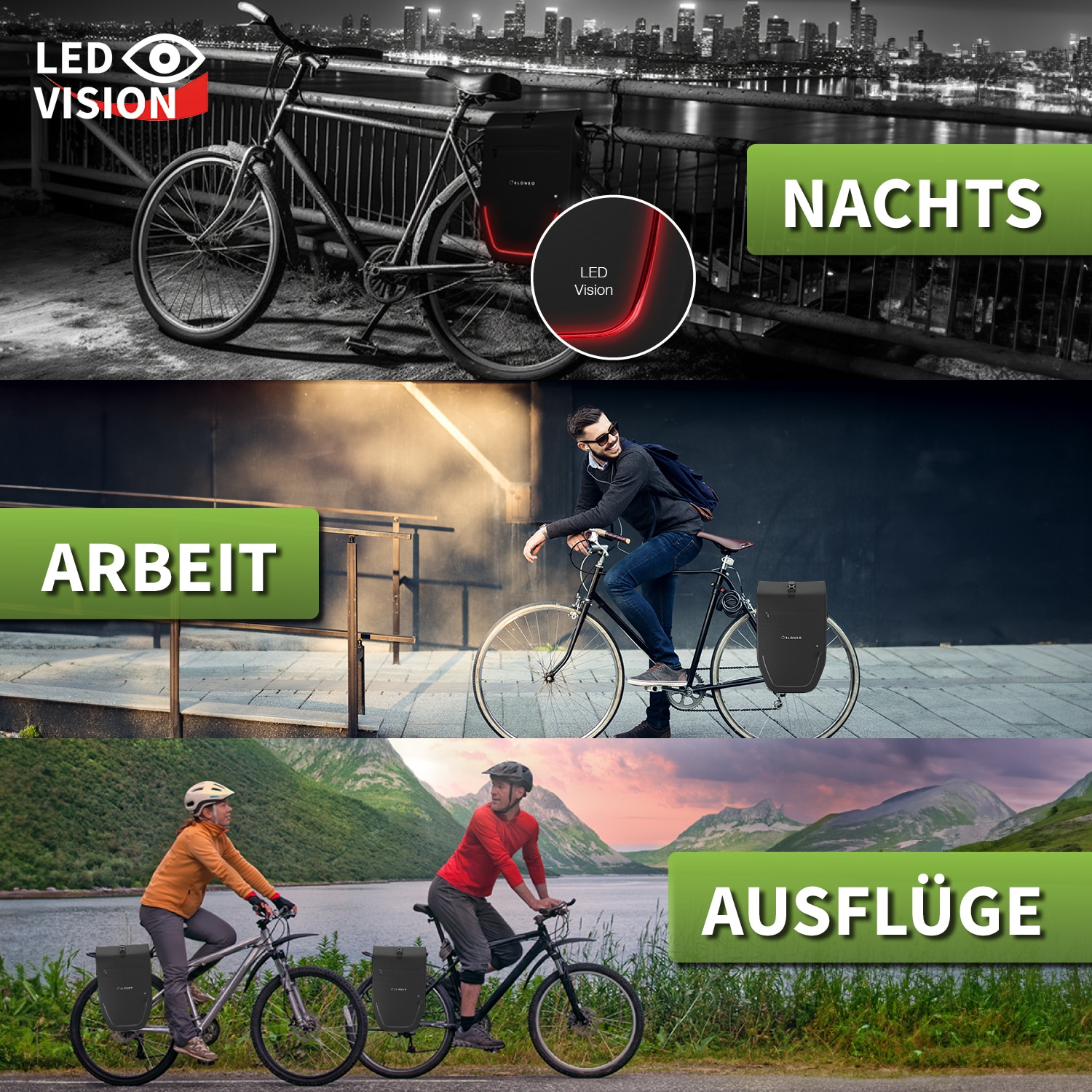 eloneo Fahrradtasche für Laptop wasserdicht mit LED, 28L