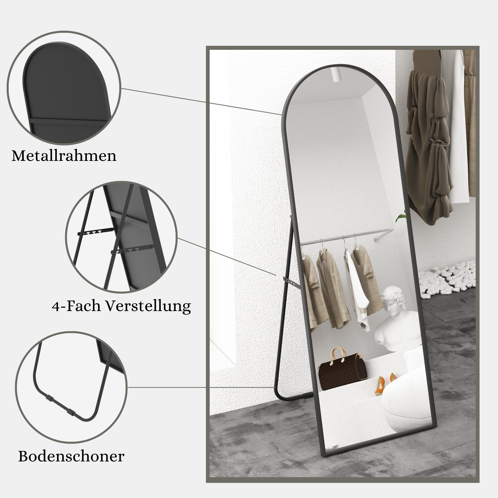 Albatros Ganzkörperspiegel – Bogen Spiegel mit schwarzem Rahmen - Standspiegel oder großer Wandspiegel im modernen Design, 150 x 50 cm groß – hochwertiges und nachhaltiges Glas