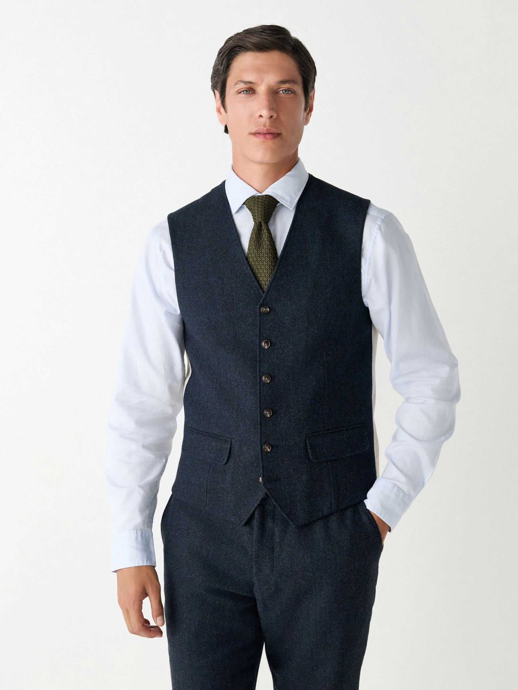 Donkerblauw - Herringbone Wool Blend Suit Waistcoast