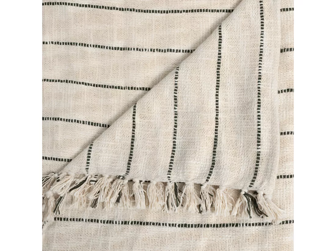 Dessus de Lit en Coton Beige avec franges et rayures kaki 240 x 260 cm