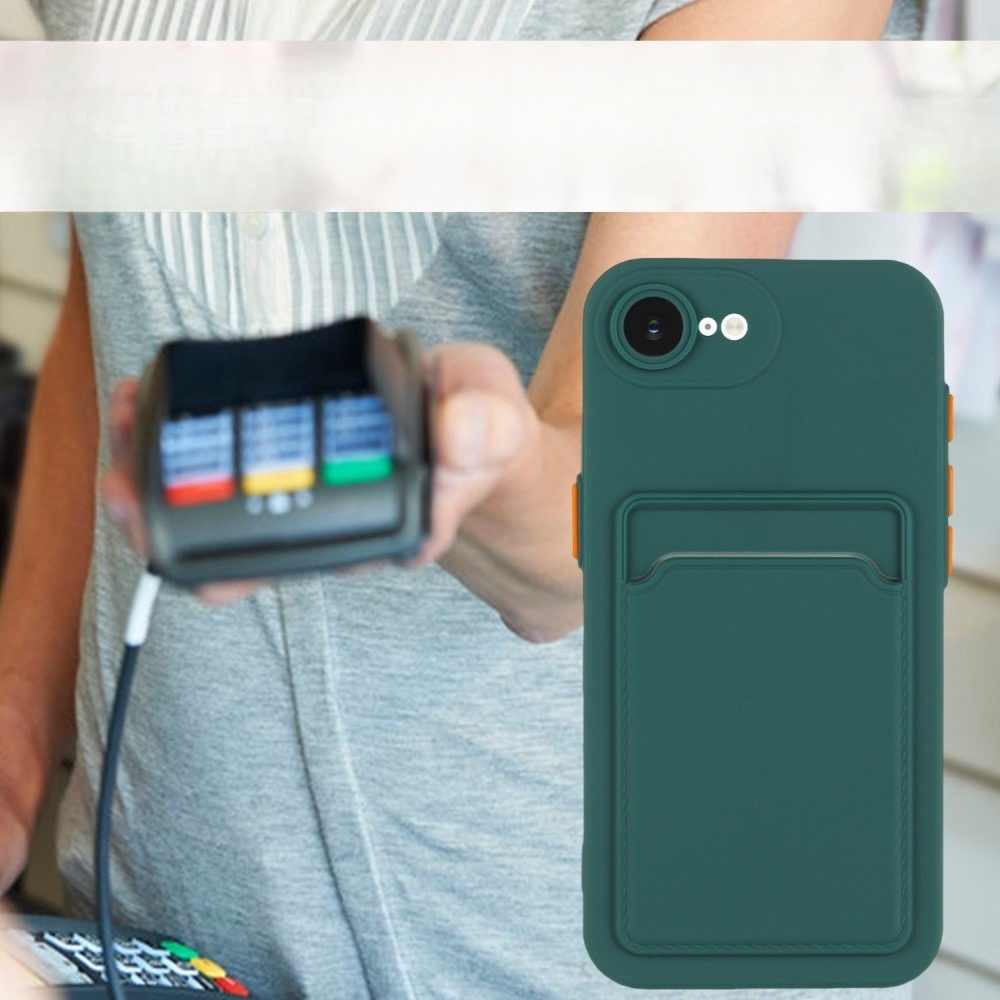iPhone 16e Gummi Case Hülle mit Kartenfach - Dunkelgrün / Orange