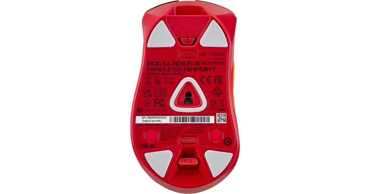 ASUSROG Gladius III Wireless AimPoint EVA-02 Edition gaming muis  (Zwart/rood, 100 - 36000 dpi, USB 2.0, 2.4 GHz, Bluetooth 5.2)